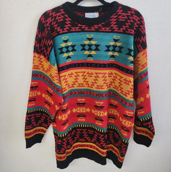 Vintage Colorful Southwestern Aztec Print Sweater Women's M/L By Rose USA - Picture 1 of 3